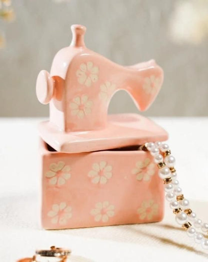 Handmade Kawaii Miniature Dollhouse Pink Ceramic Sewing Machine Trinket Box