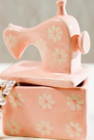 Handmade Kawaii Miniature Dollhouse Pink Ceramic Sewing Machine Trinket Box